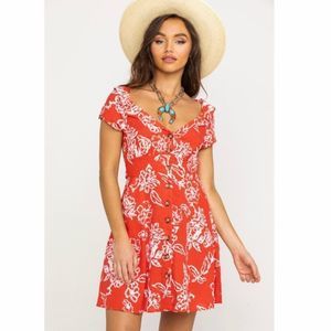 NWOT Free People A Thing Called Love Red Linen Swingy Cherry Mini Dress Size 10